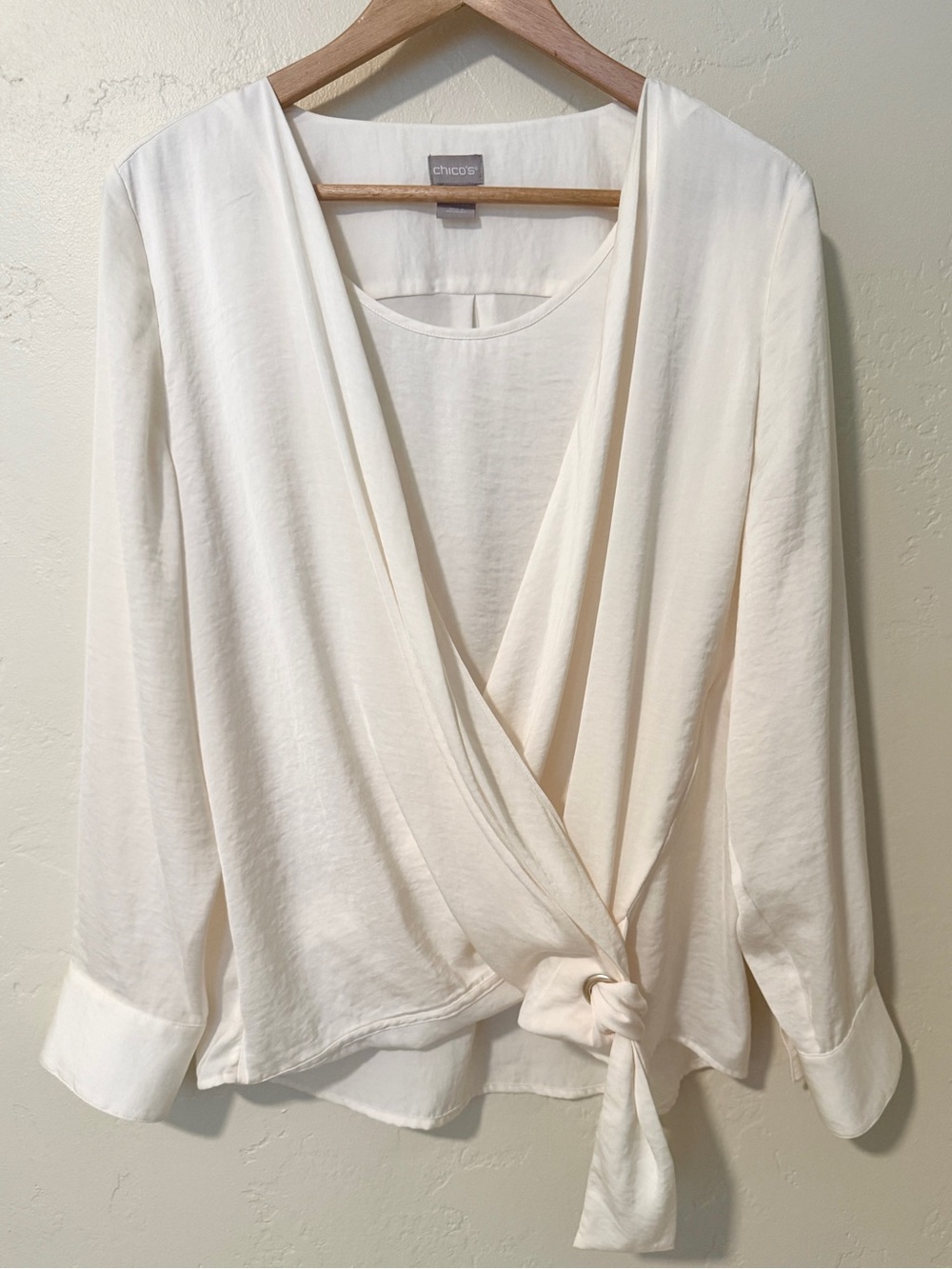 Chico's Ivory Satin Crepe Wrap Tie-Front Blouse Large 12-14
